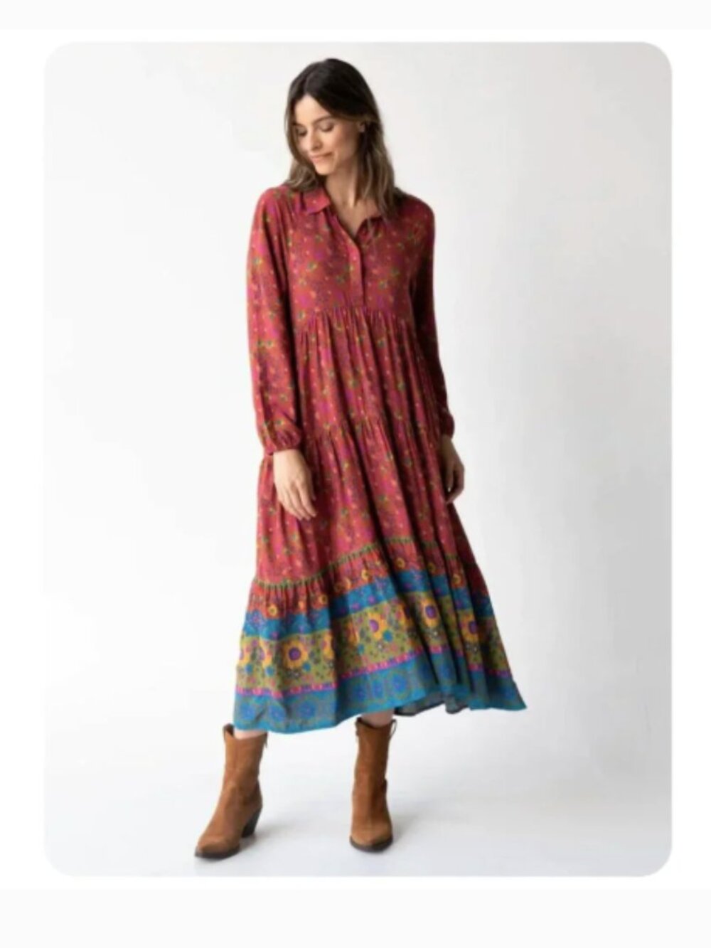 Natural Life Rebecca Long Sleeve Midi Dress Sunflowers Boho Gypsy Red Clay